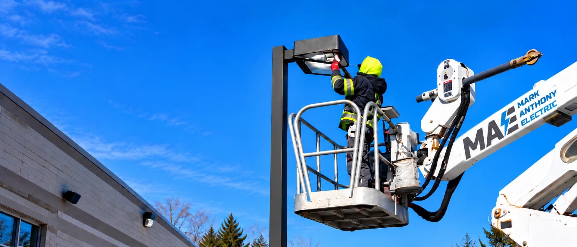 An electrician in a Mark Anthony Electric bucket truck, working on the head of a parking lot light